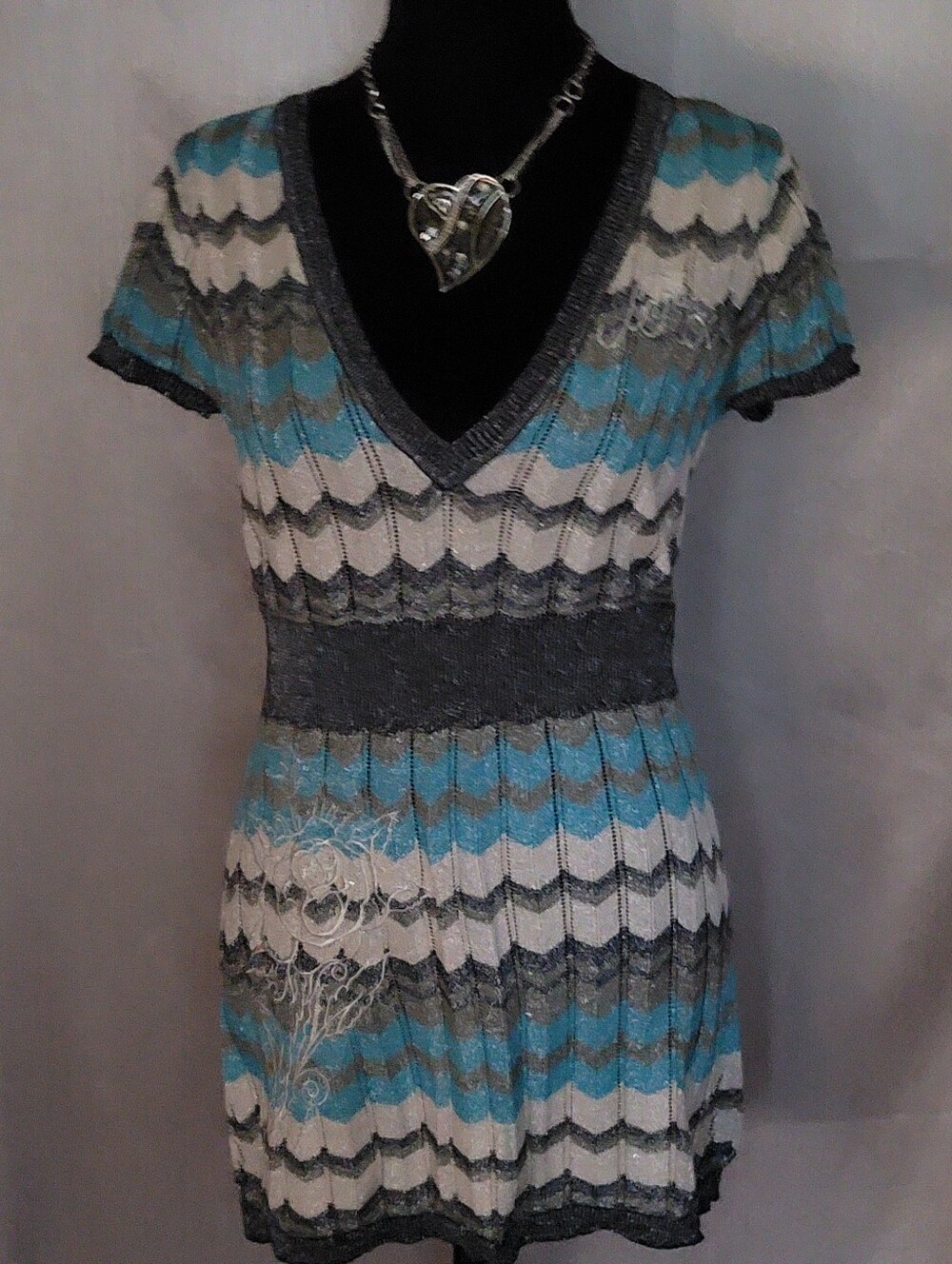 Blue and Gray V-Neck Short Sleeve Women’s Dress